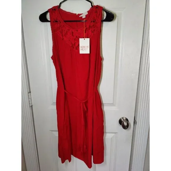 Knox Rose Sleeveless Cherry Red Crochet Belted Knee Length Dress W Pockets L NWT - Picture 3 of 9